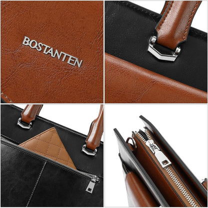 Damen Leder Aktentasche für 15.6 Zoll Laptop, Schwarz+Braun