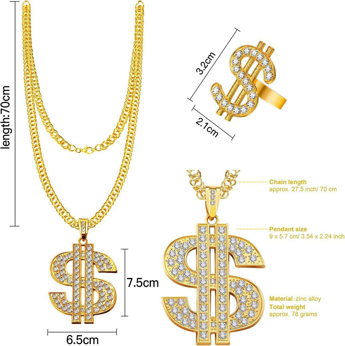Hip Hop Kostüm Kit Rapper Outfit Zubehör Eimer Hut Gold Dollar