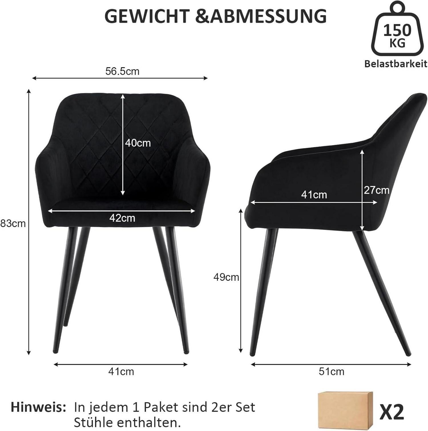 Esszimmerstühle Set Samt Schwarz Armlehne Metallbeine