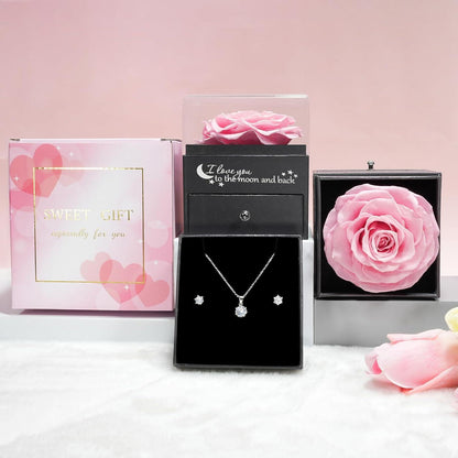 Ewige Rose mit Kette & Ohrringen aus 925 Silber, Geschenk für Frauen
