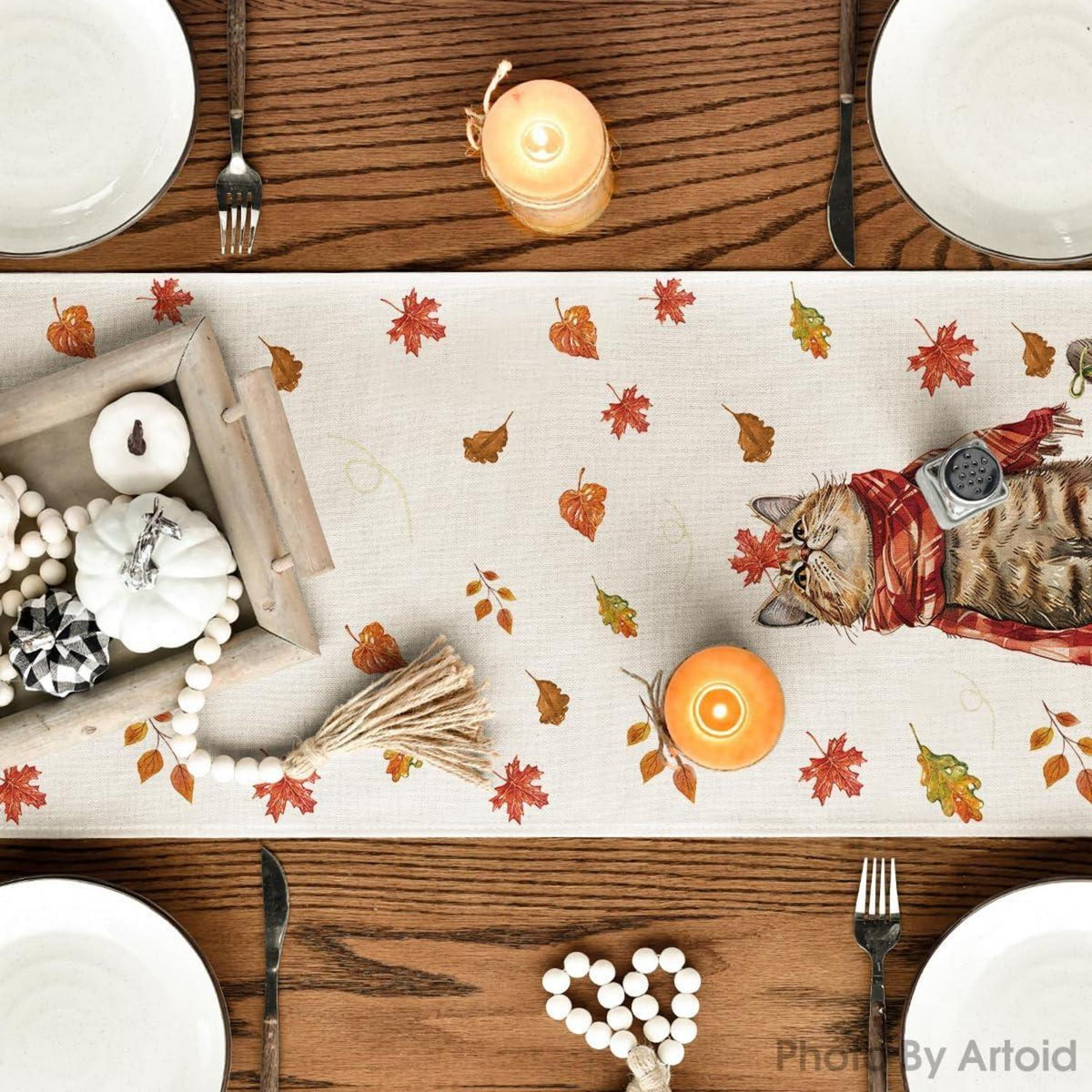 Artoid Mode Katze Kürbisse Herbst Tischläufer 40x140 cm Beige
