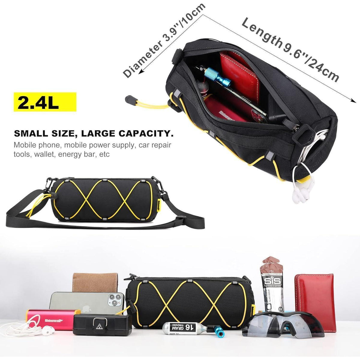 Fahrrad Lenkertasche mit Schultergurt, 2.4L, Schwarz-Gelb