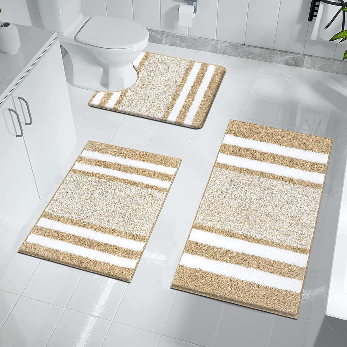 3-teiliges Badteppich Set Beige, Mikrofaser, rutschfest, saugfähig