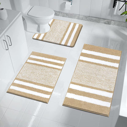 3-teiliges Badteppich Set Beige, Mikrofaser, rutschfest, saugfähig