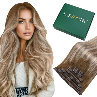 Clip-In Haarverlängerung Echthaar Balayage Blond Mittelbraun