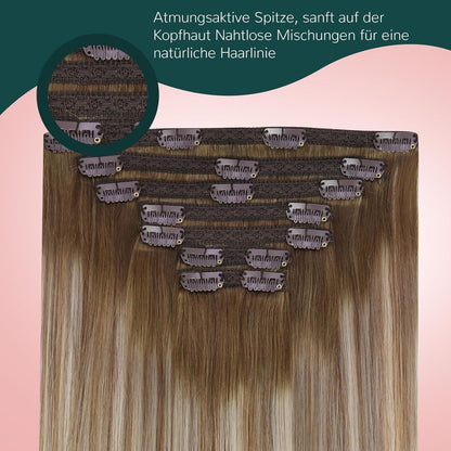 Clip-In Haarverlängerung Echthaar Balayage Blond Mittelbraun