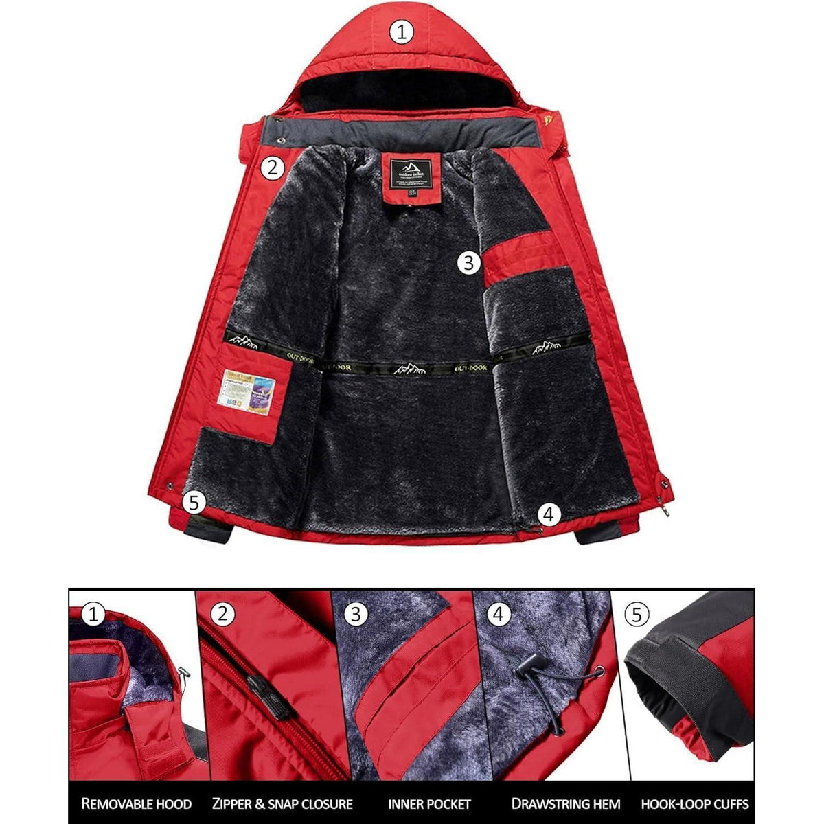 Herren Winterjacke Wasserdicht Warm Gefüttert Skijacke Rot