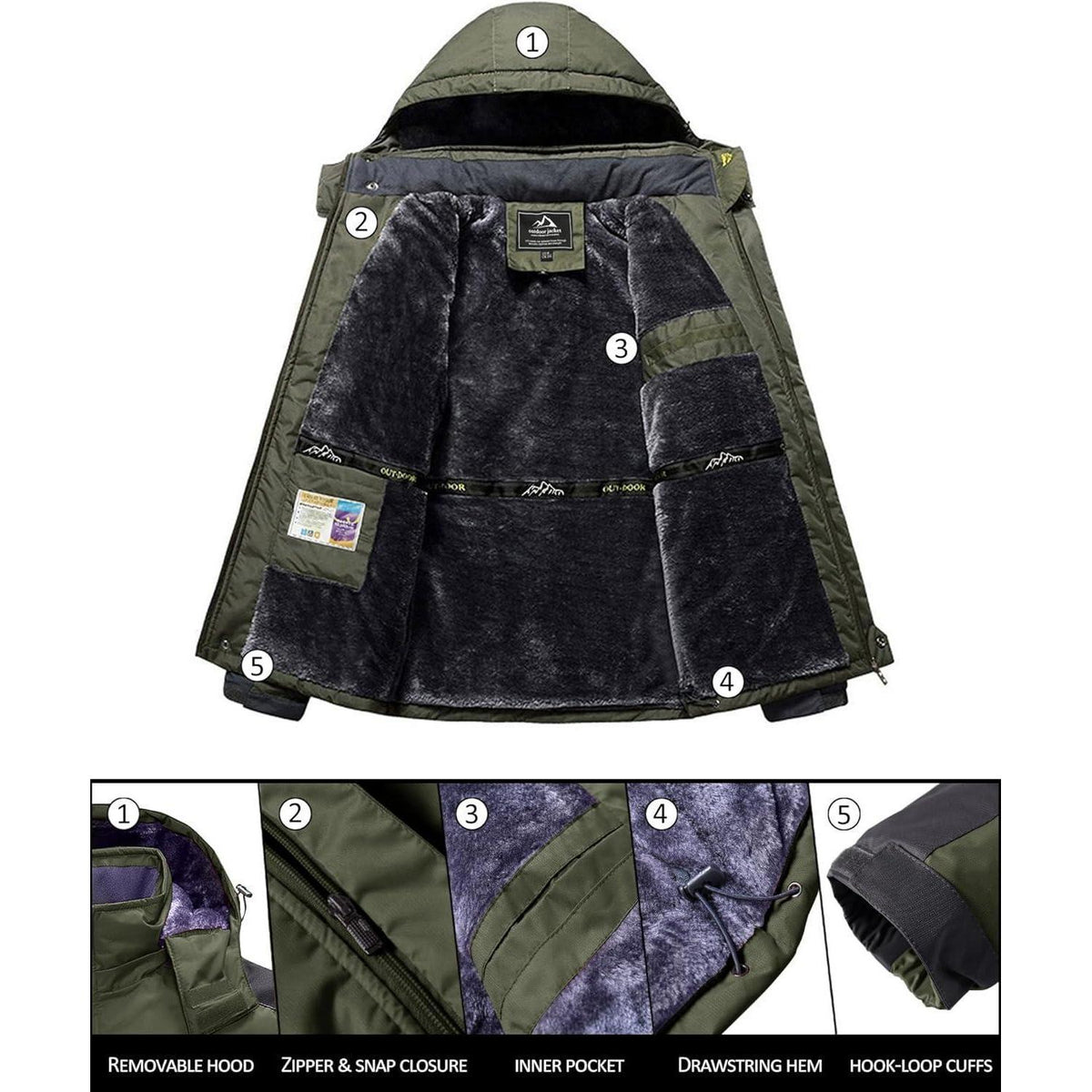 Herren Winterjacke Wasserdicht & Warm – Skijacke Armeegrün