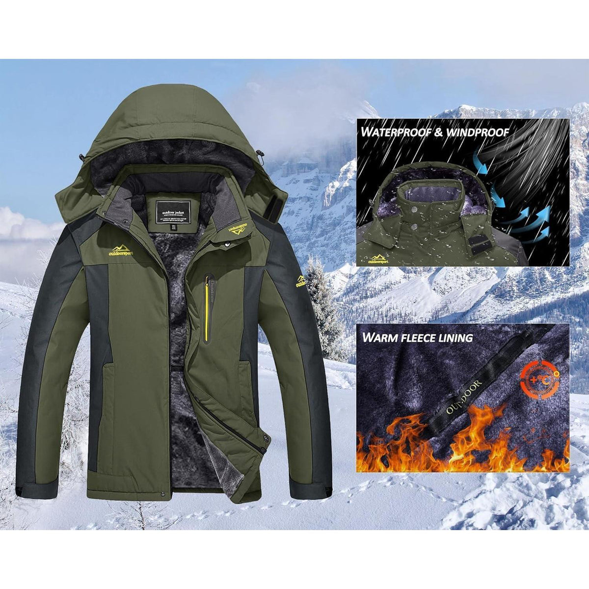 Herren Winterjacke Wasserdicht & Warm – Skijacke Armeegrün