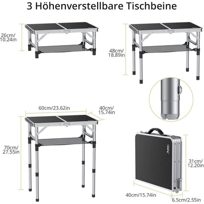 Klapptisch Camping 60x40cm Aluminium 3 Höhen verstellbar mit Netz