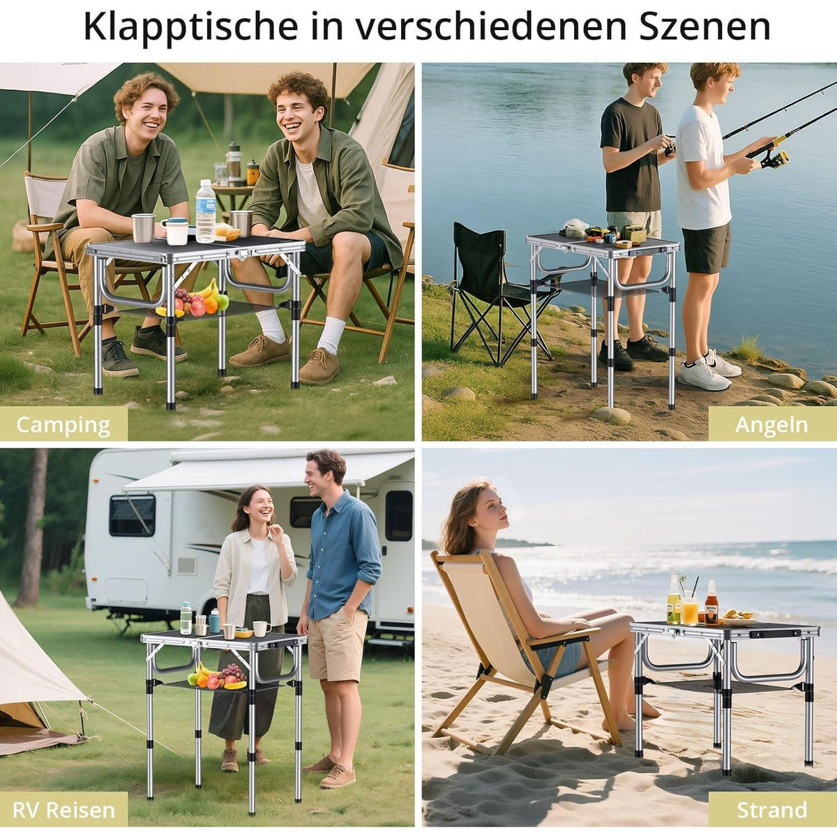 Klapptisch Camping 60x40cm Aluminium 3 Höhen verstellbar mit Netz