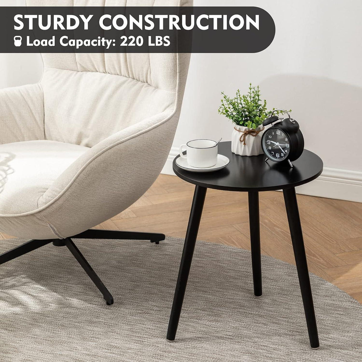 YOUDENOVA Runder Holz Beistelltisch Ø42x52cm Schwarz - Tablett Nachttisch Sofa