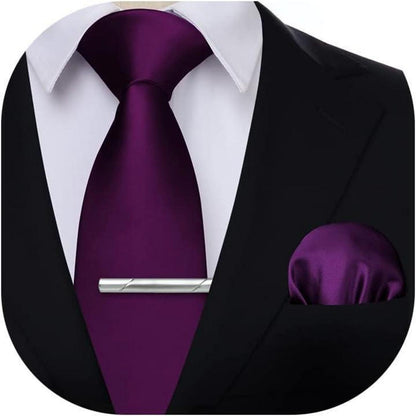 Herren Krawatten-Set mit Einstecktuch und Krawattenklammer, Violett