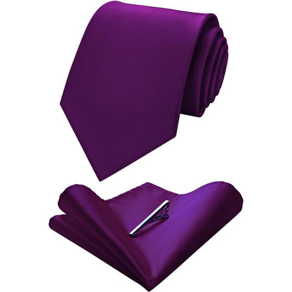 Herren Krawatten-Set mit Einstecktuch und Krawattenklammer, Violett