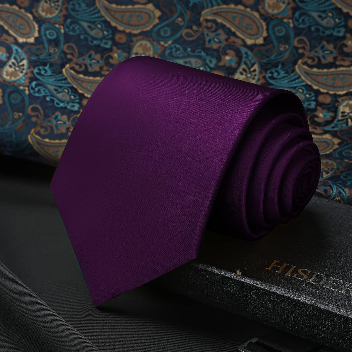 Herren Krawatten-Set mit Einstecktuch und Krawattenklammer, Violett