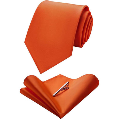 Herren Krawatten-Set mit Einstecktuch und Krawattenklammer, Orange