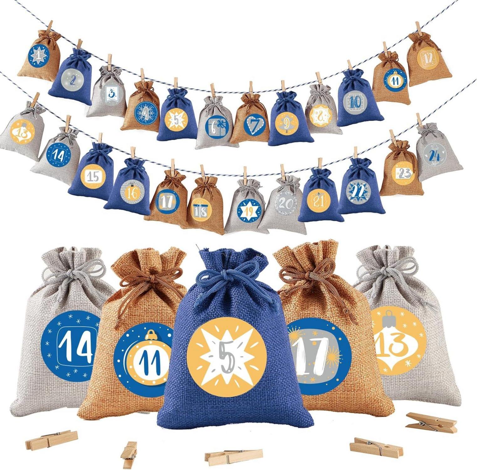 Adventskalender zum Befüllen mit Jutesäckchen, 24 Große Säckchen für