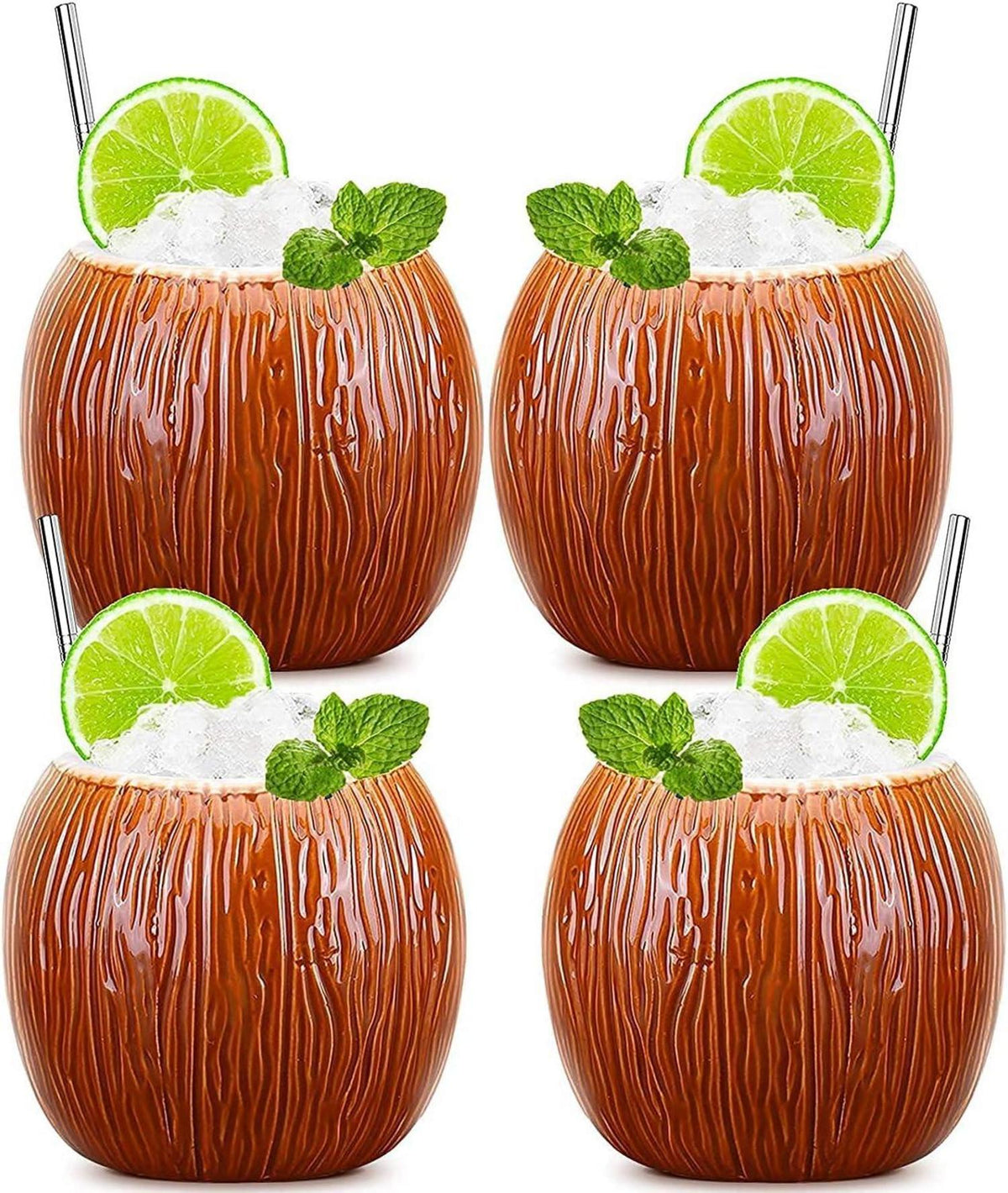 Keramik Tiki-Becher 530ml - 4er-Set Cocktailgläser Kokosnuss-Design