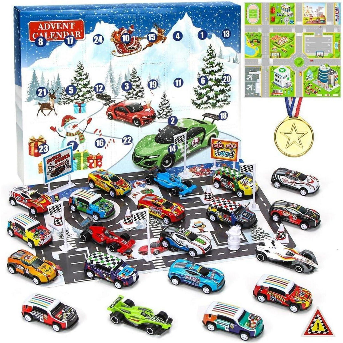 Adventskalender Auto für Kinder mit Rennspielzeug und Medaille