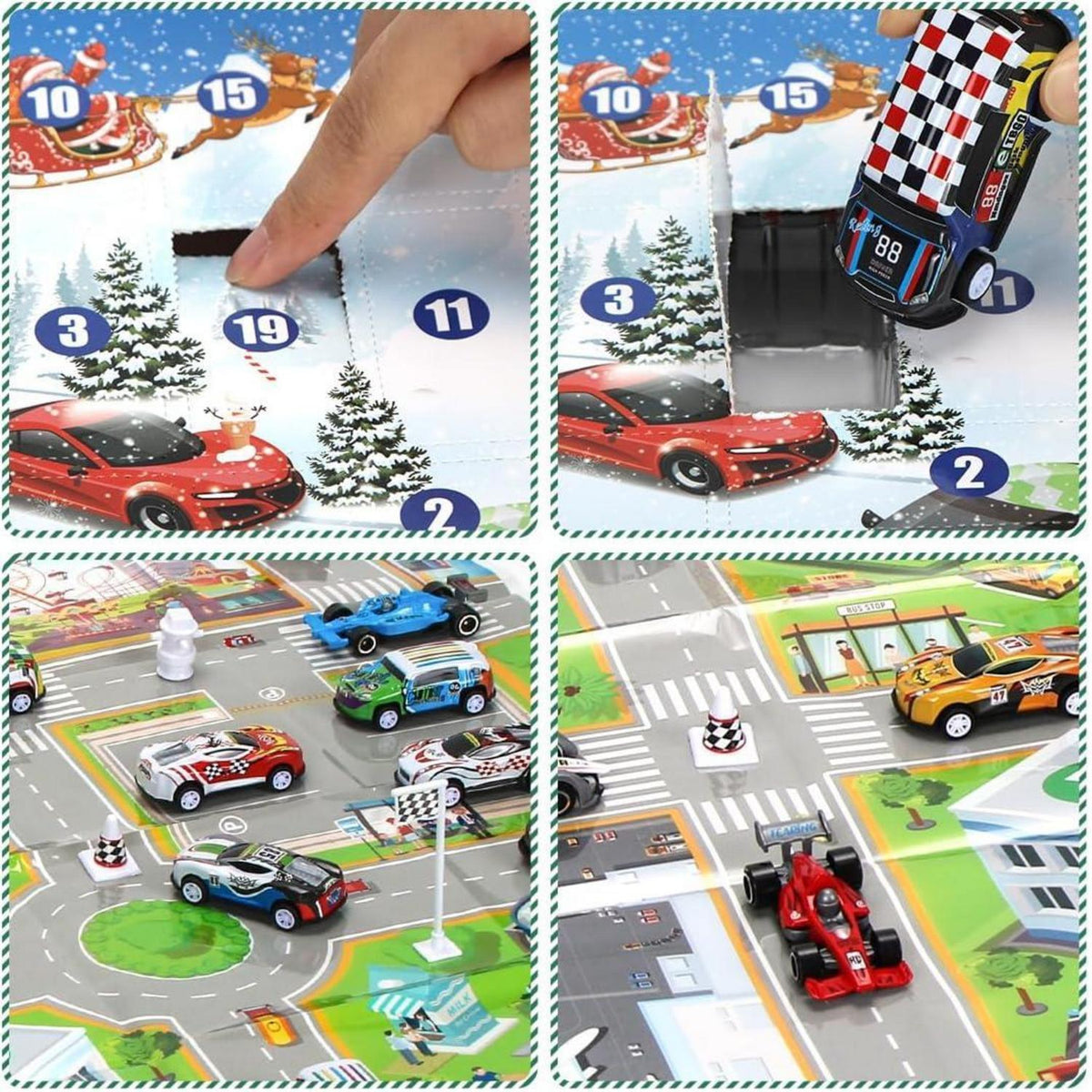 Adventskalender Auto für Kinder mit Rennspielzeug und Medaille