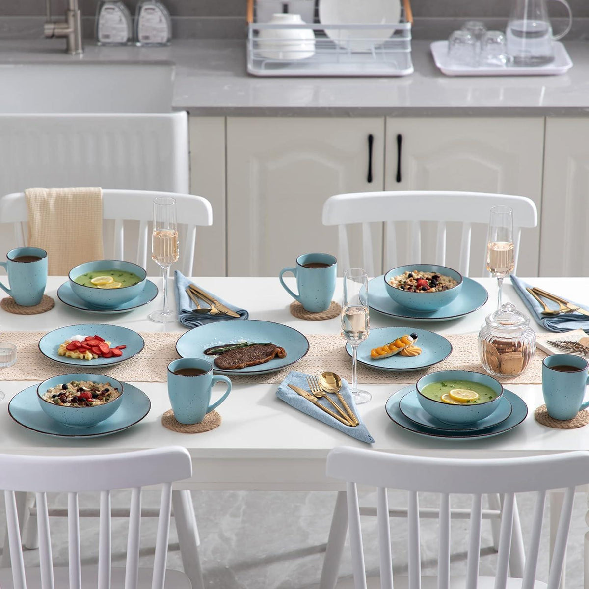 Tafelservice Steingut MODA Vintage Aussehen 20-teilig Blau