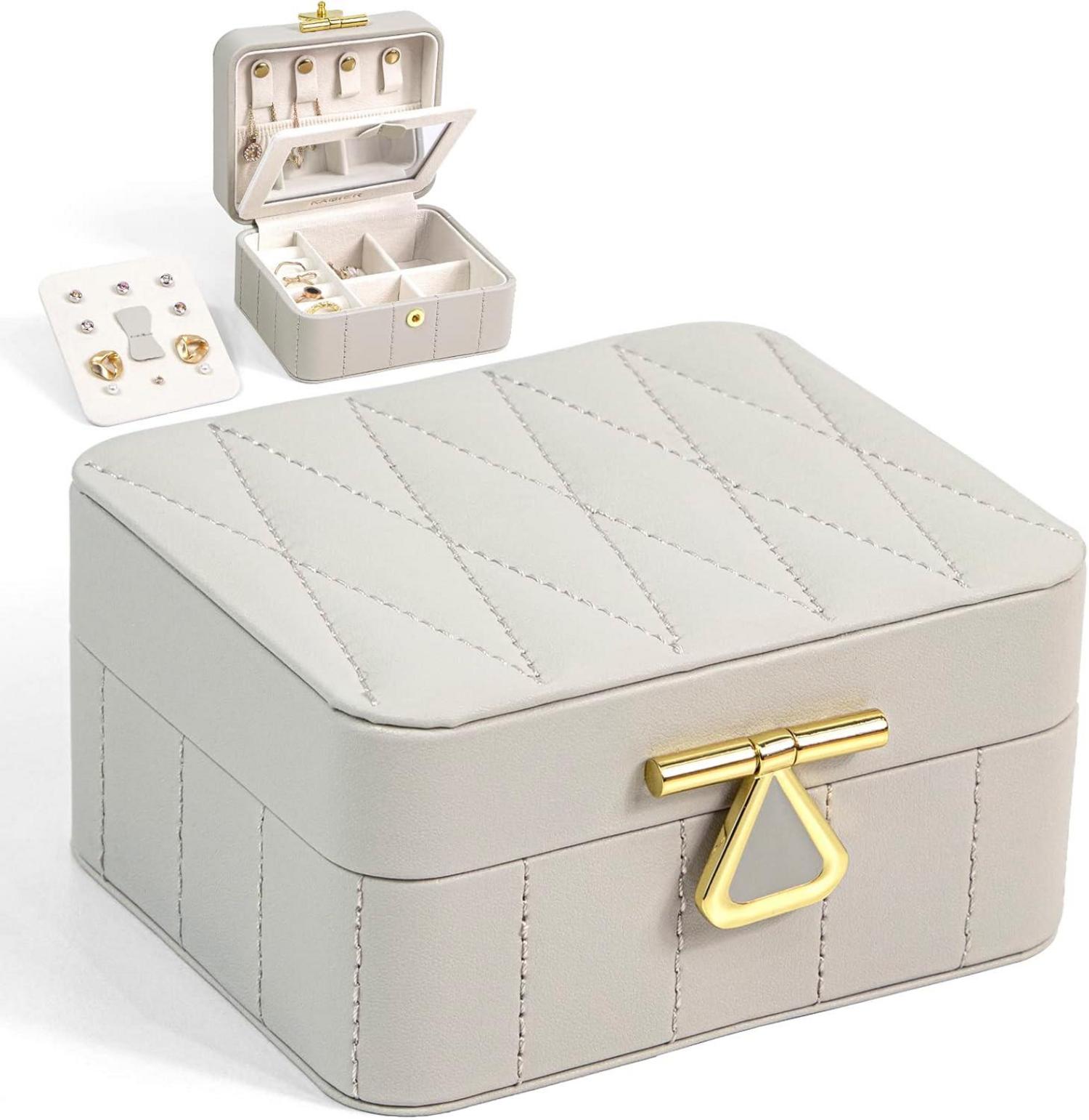 Schmuckkästchen mit Spiegel für Damen, Reiseschmuckbox in Grau