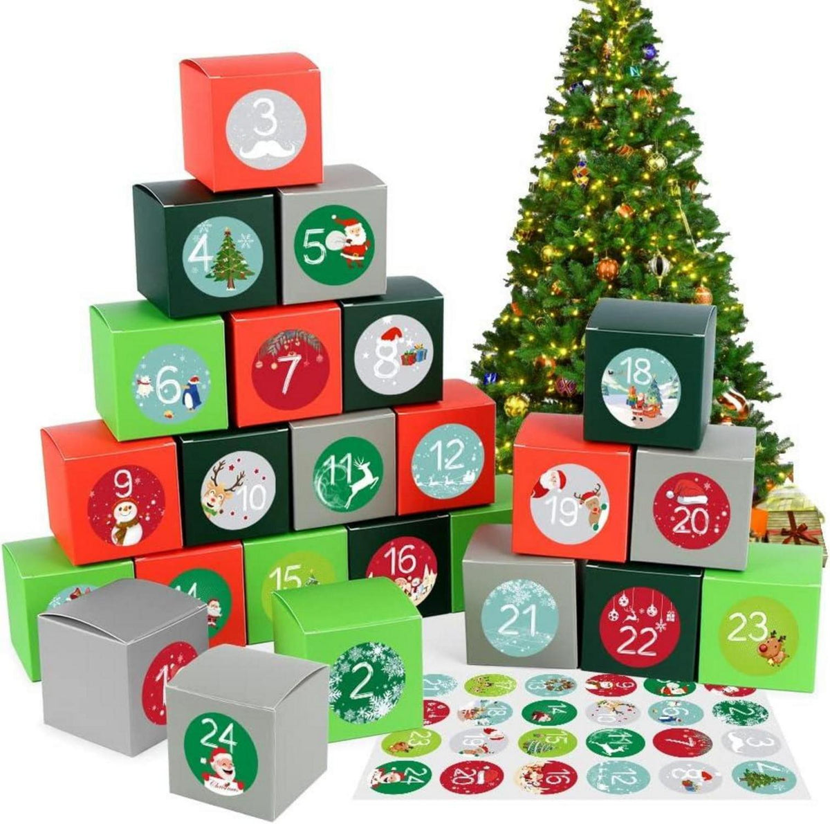 Adventskalender zum Befüllen 24 DIY Kisten Set Grün Rot Grau