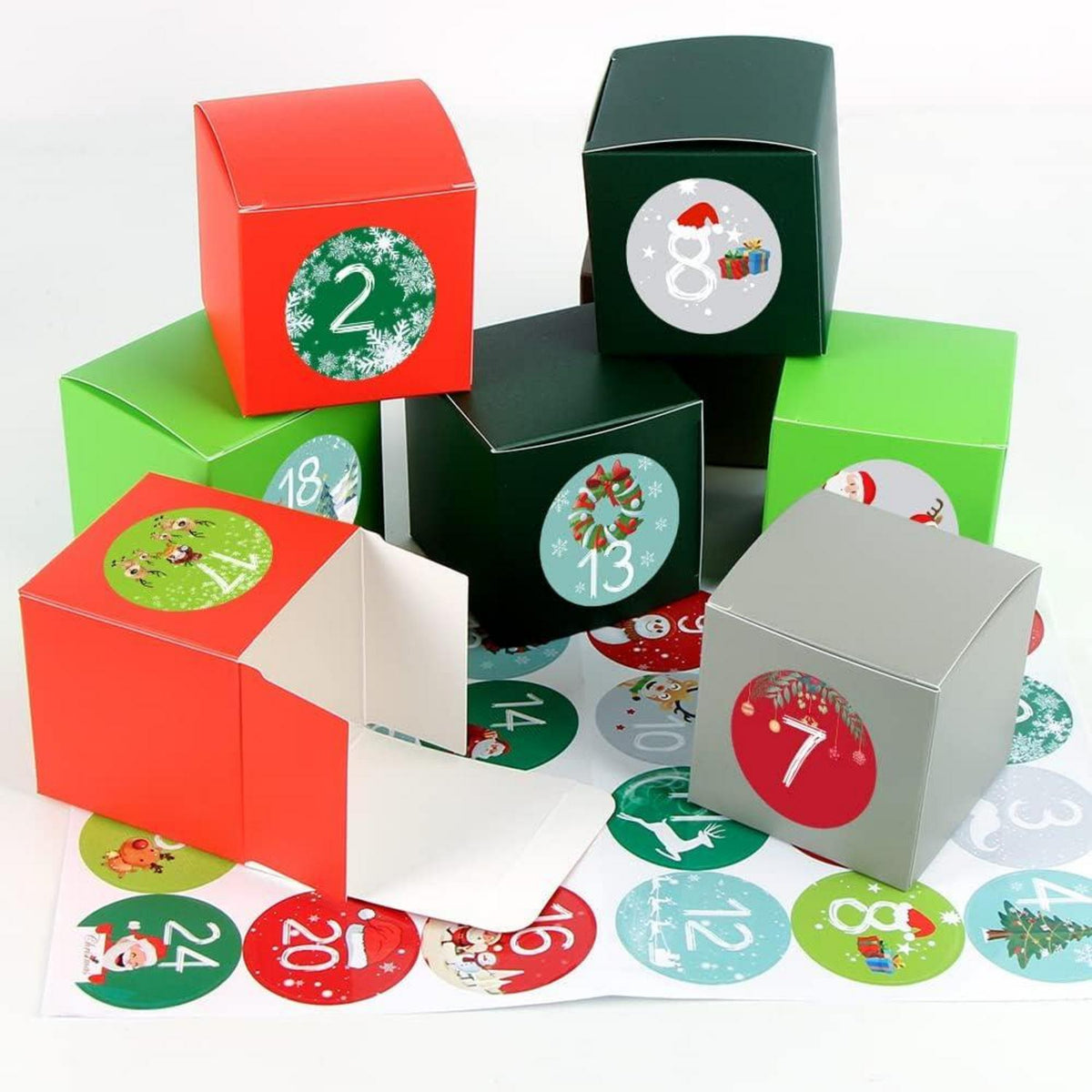 Adventskalender zum Befüllen 24 DIY Kisten Set Kinder Rot Grün Grau