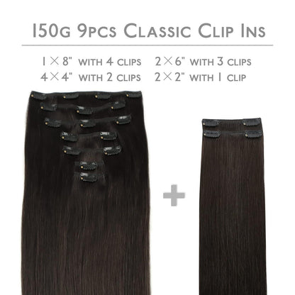 Echthaar Clip Ins Dunkelbraun 40cm - 150g