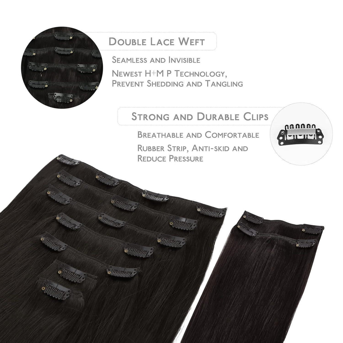 Clip-in Haarverlängerungen Echthaar 150g 50cm Schwarz