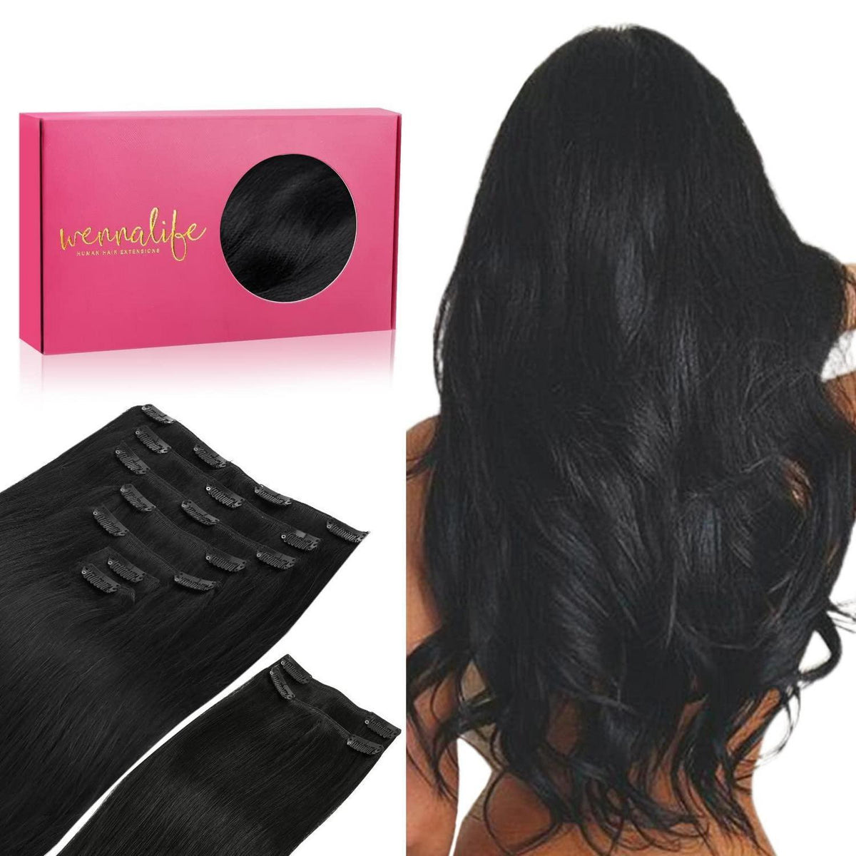 Clip-in Haarverlängerung Echthaar Schwarz 55cm 150g