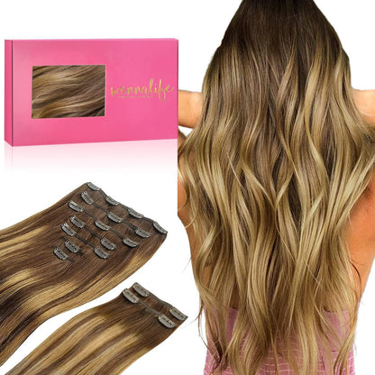 Clip In Echthaar Extensions Balayage Schoko-Karamell 45cm