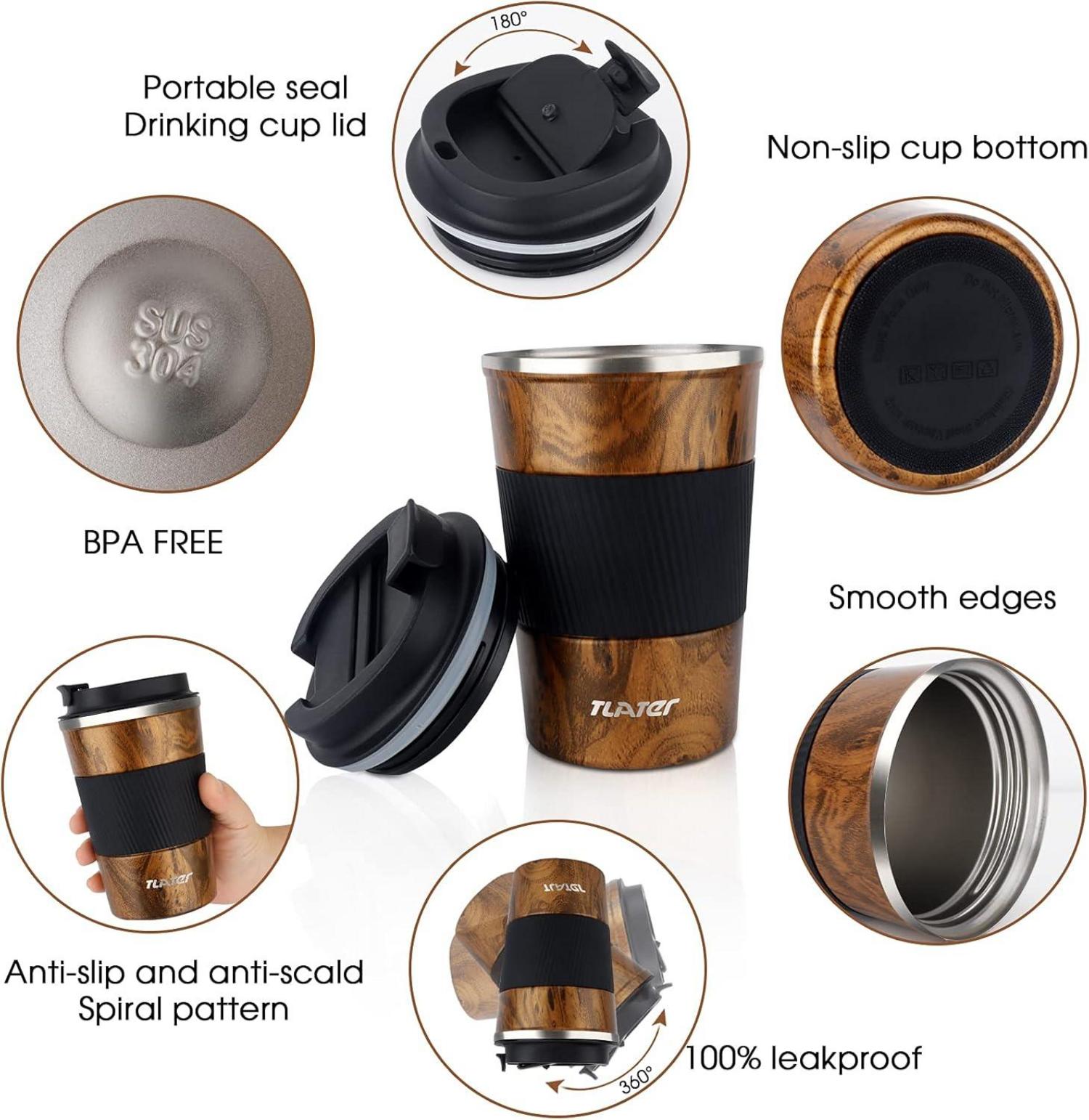 Tlater Kaffeebecher to go 380ml Thermobecher Holzoptik