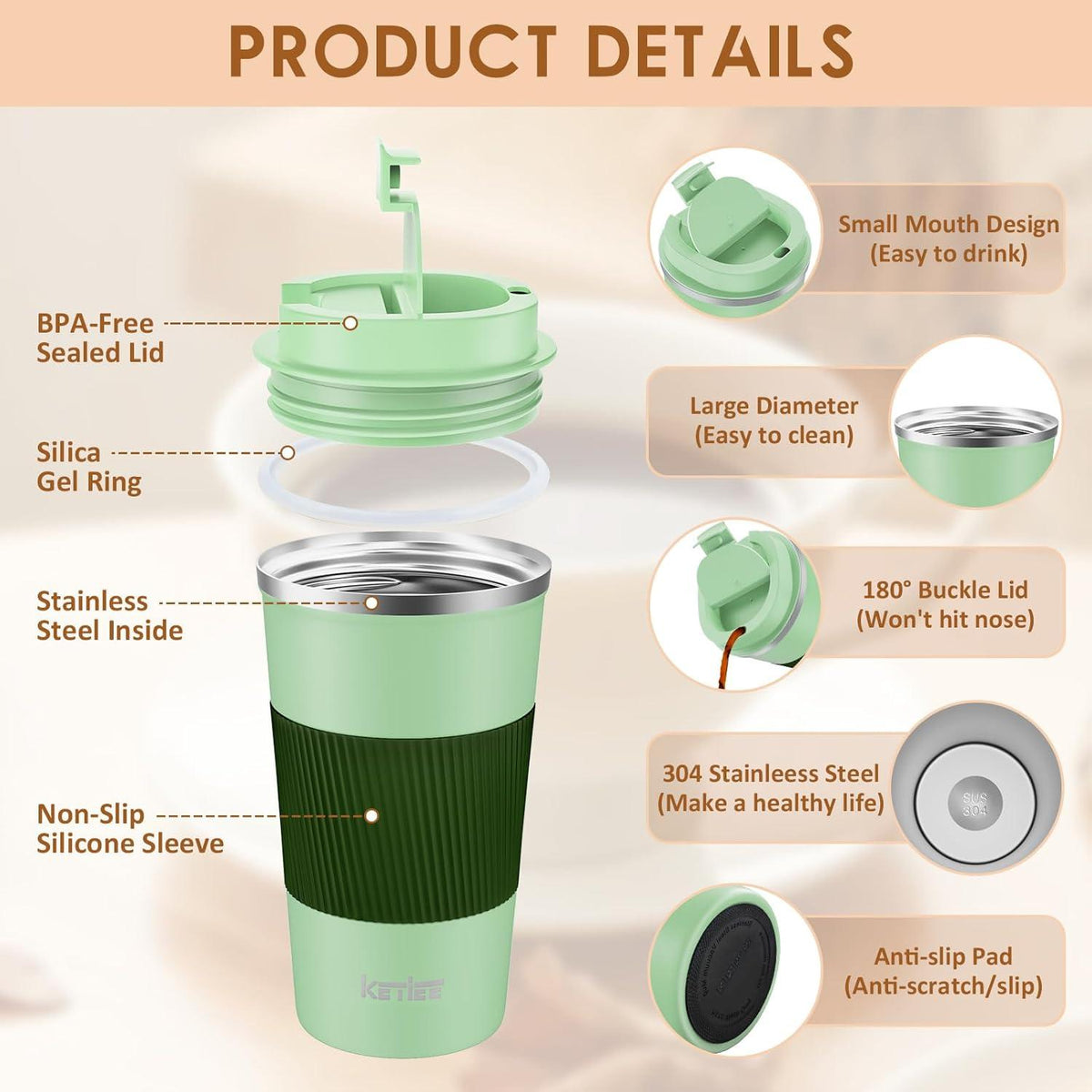 KETIEE Kaffeebecher to go 510ml Thermobecher Doppelwandig