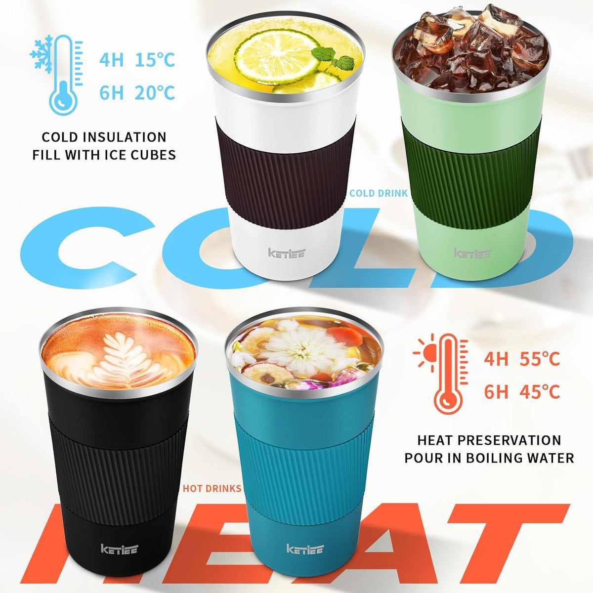KETIEE Kaffeebecher to go 510ml Thermobecher Doppelwandig Travel Mug Grün