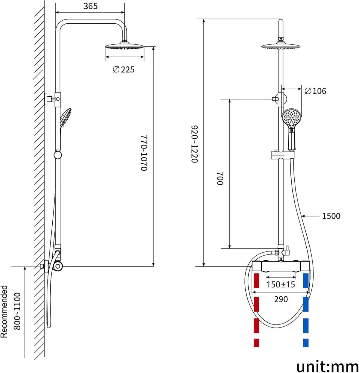 Duscharmatur Thermostat Edelstahl Regendusche Höhenverstellbar