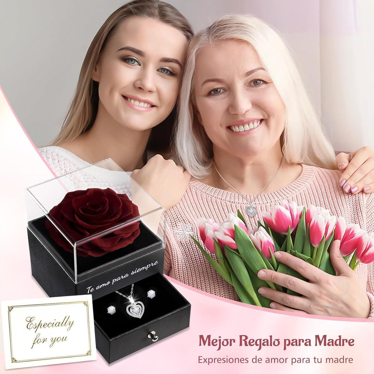 Konservierte Rose mit Herz-Halskette & Ohrringen – Ewiges Geschenk