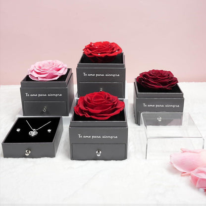 Konservierte Rose mit Herz-Halskette & Ohrringen – Ewiges Geschenk
