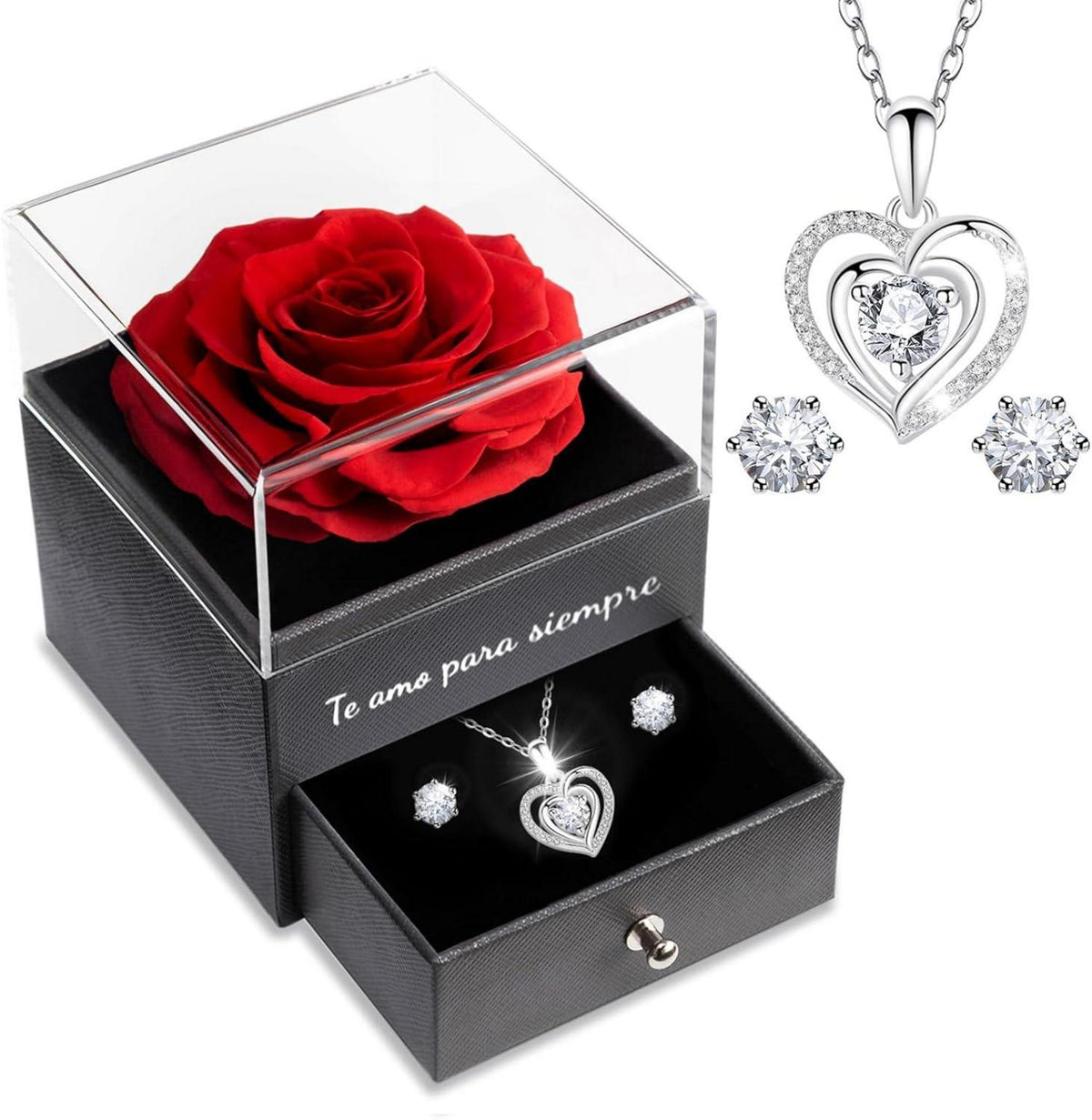 Ewige Rot Rose Halskette Ohrringe Geschenk Set Frauen Weihnachten