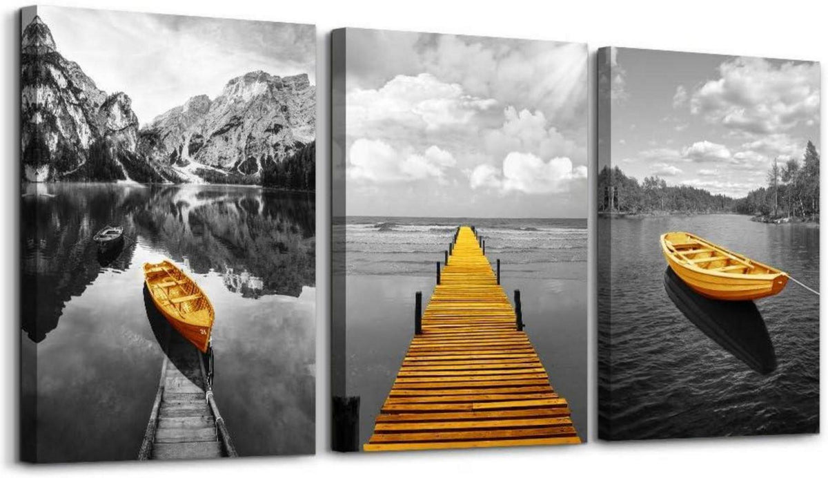 Nordisches Landschaftsbild Wandbild Grau Gelb Boot 58x40 cm