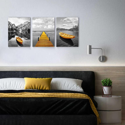 Nordisches Landschaftsbild Wandbild Grau Gelb Boot 58x40 cm