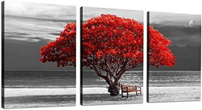 Rotes Baum Leinwandbild 3-teilig Wanddeko Wohnzimmer Schlafzimmer Büro