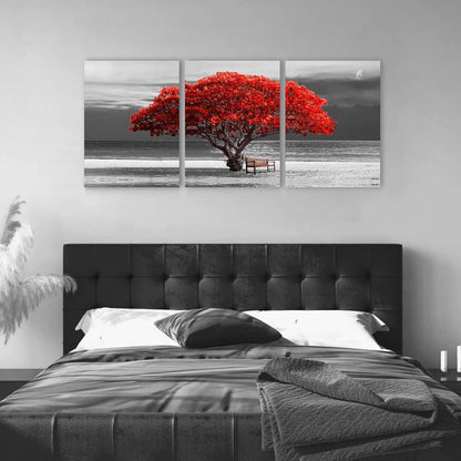 Rotes Baum Leinwandbild 3-teilig Wanddeko Wohnzimmer Schlafzimmer Büro