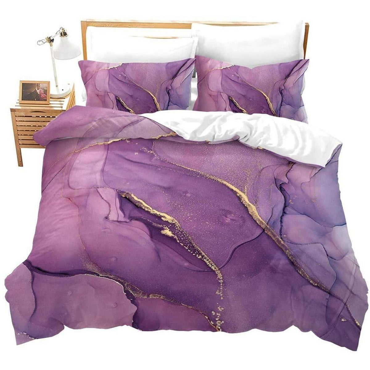 3er-Set Bettwäsche 200x200, Lila Gold Marmor Design
