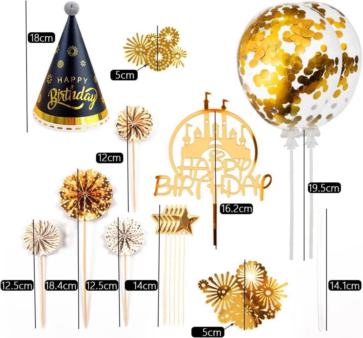 Gold Geburtstagstorten Deko Set Happy Birthday Cake Topper 15-teilig