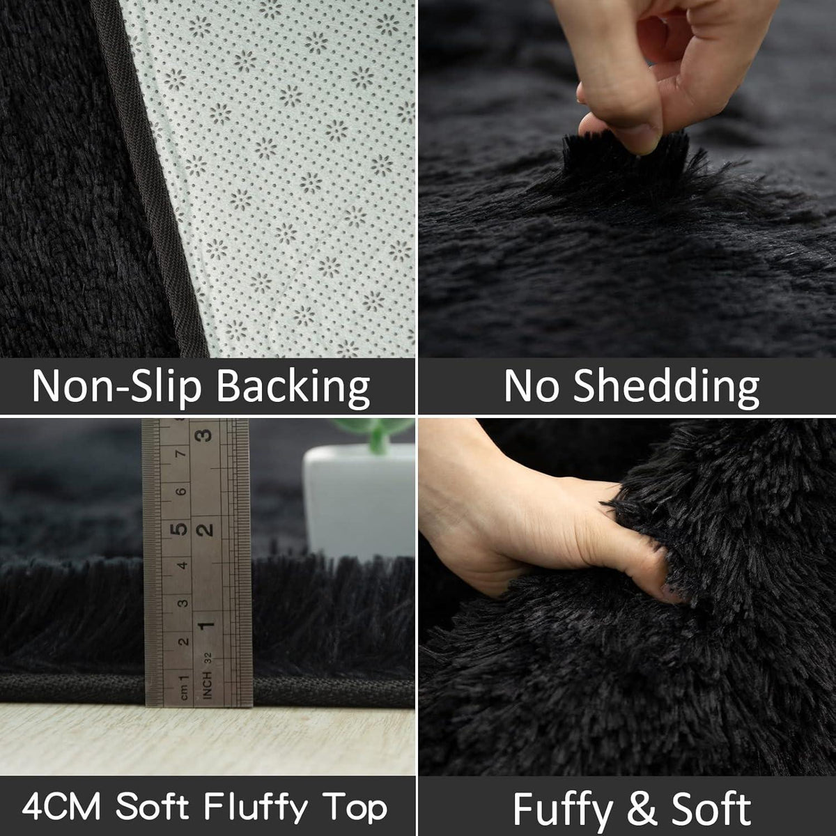 Modernes Hochflor Teppich Schwarz 150x240cm Anti-Rutsch Flauschiger Wohnzimmer & Schlafzimmer
