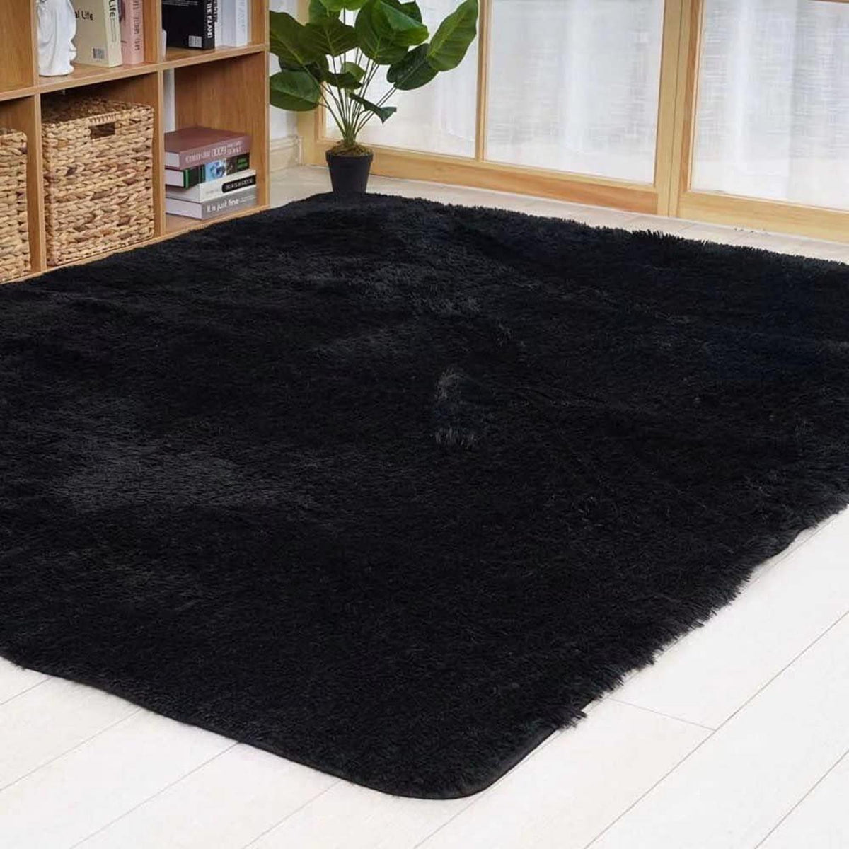 Schwarzer Shaggy Teppich Hochflor 150x240cm Unterseite Anti-Rutsch