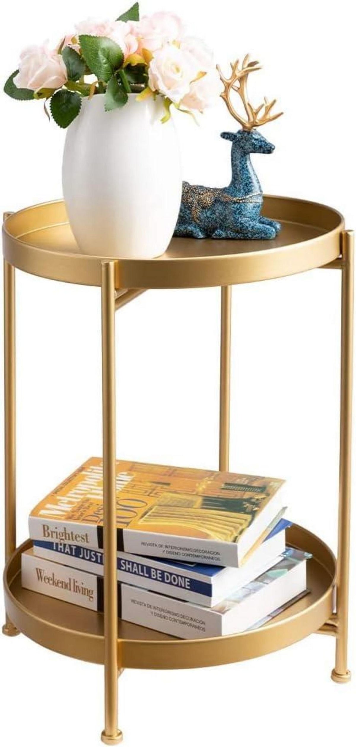 Goldener Runder Metall Beistelltisch mit 2 Ebenen, Outdoor & Indoor