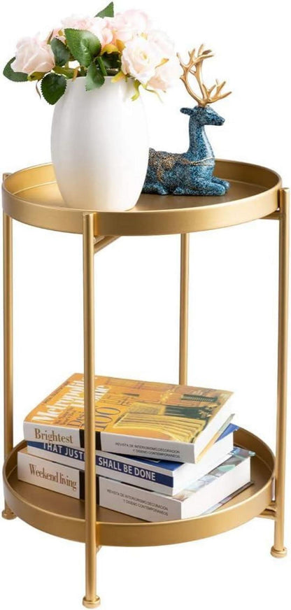Goldener Runder Metall Beistelltisch mit 2 Ebenen, Outdoor & Indoor