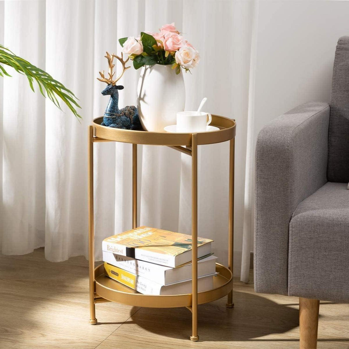 Beistelltisch Gold Metall Rund 2 Ebenen Wohnzimmer